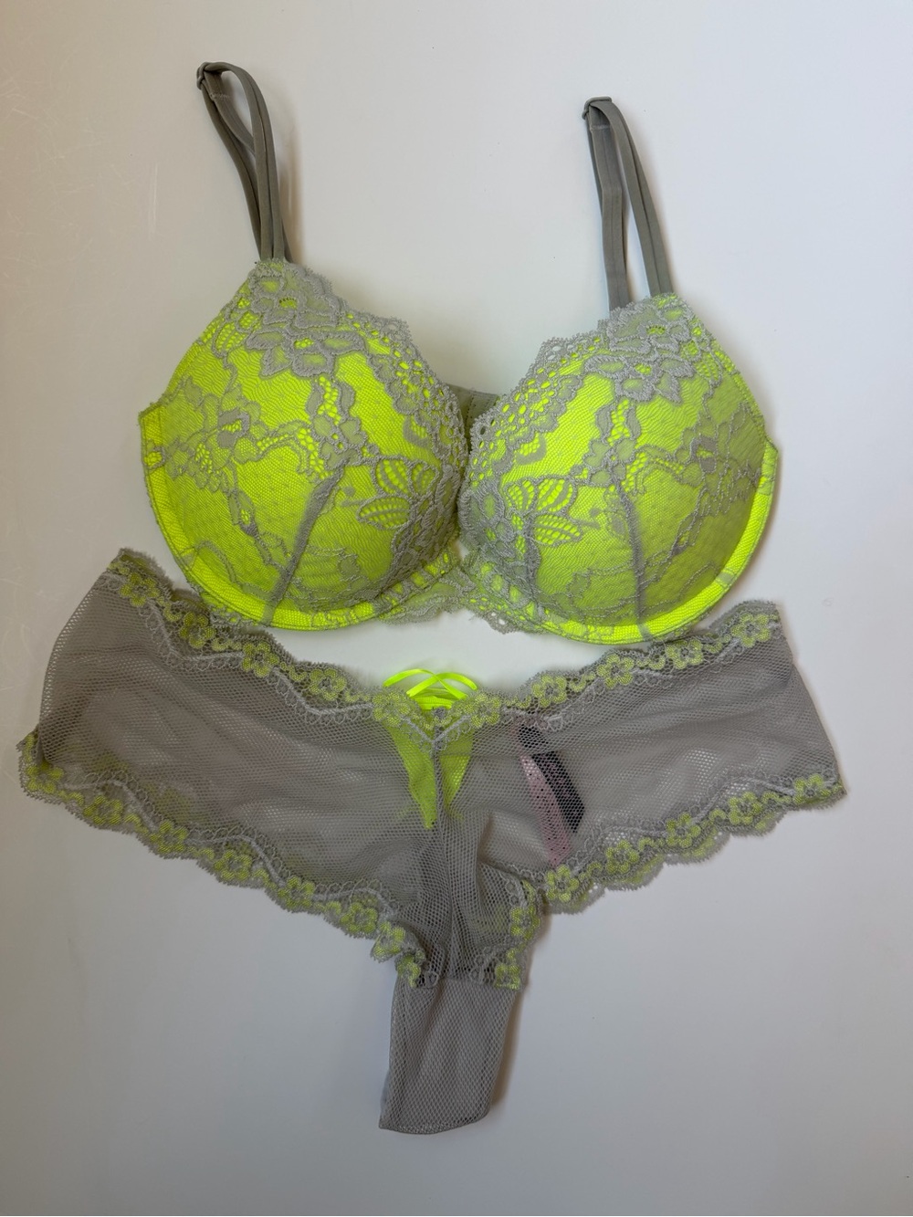 Victoria's Secret Lace 34C Push-Up Bra & Panty Set Neon Yellow and Gray